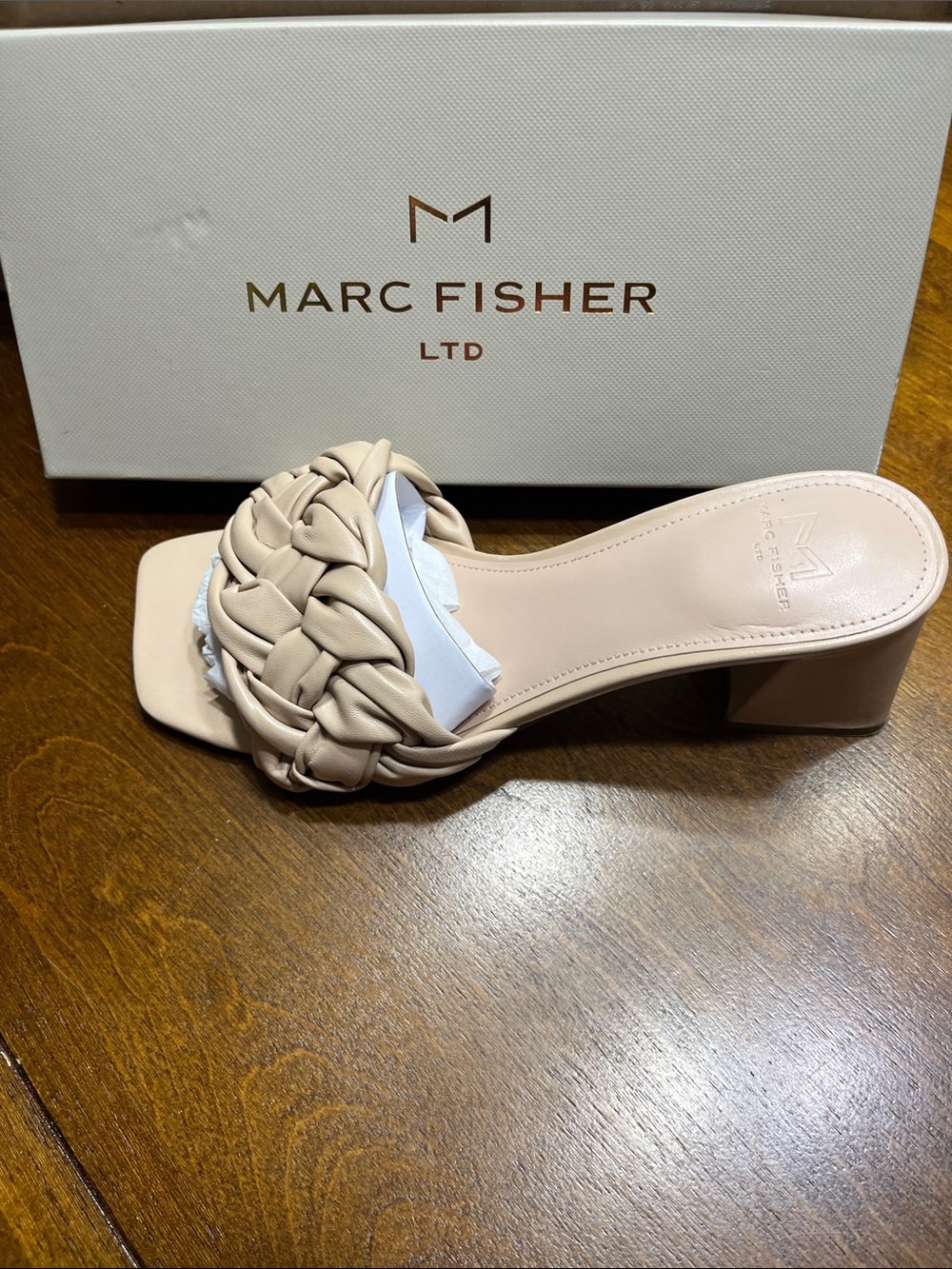 Marc Fisher Braided Block Heel Slide in Nude